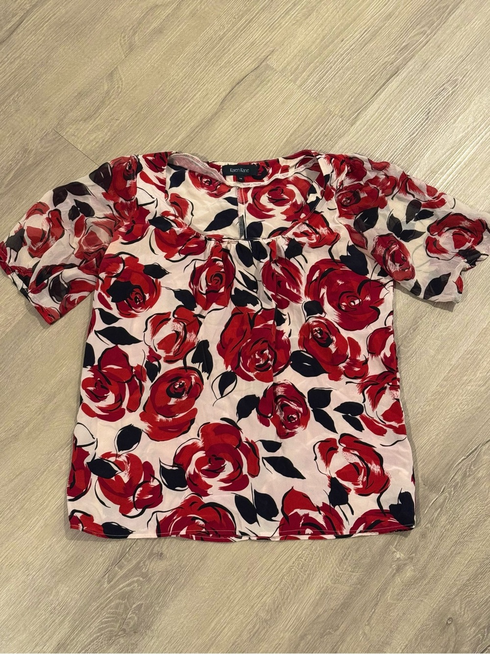 Silk Red Rose Print Short Sleeve Top
